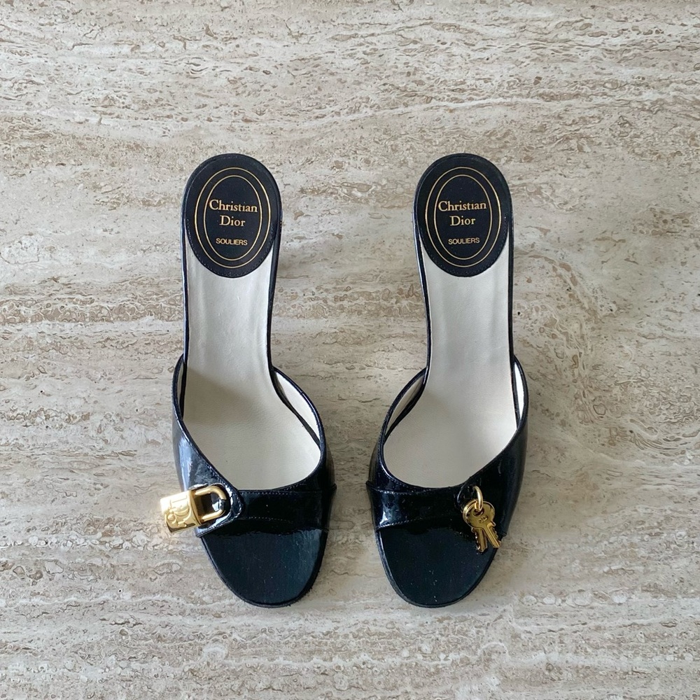 Vintage Dior Key Lock Trotter Mule Sandal Kitten Heels